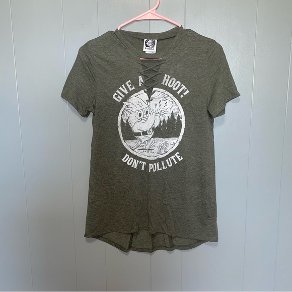 Woodsy Owl Give a Hoot Don’t Pollute Park Lace Up Green T-Shirt XS - Picture 1 of 4
